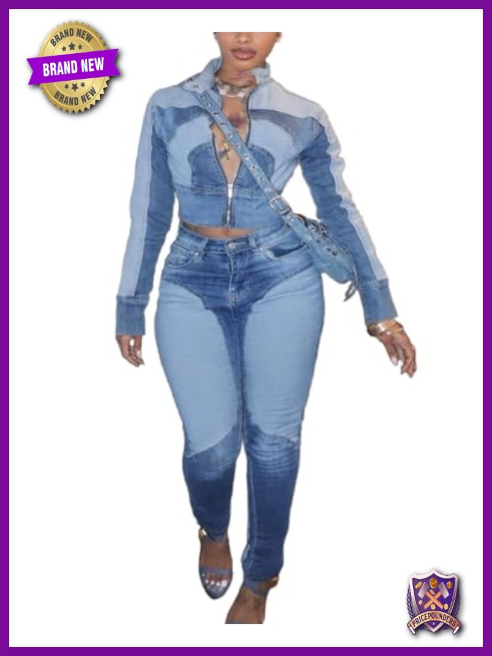 Denim Two Piece Outfit Long Sleeve Cropped Jacket Slim Jeans Set Y2K Casual